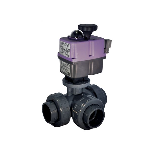 3 WAY T PORT BALL VALVE PTFE - SOLVENT - EPDM O'RINGS with ELECTRICAL ACTUATOR